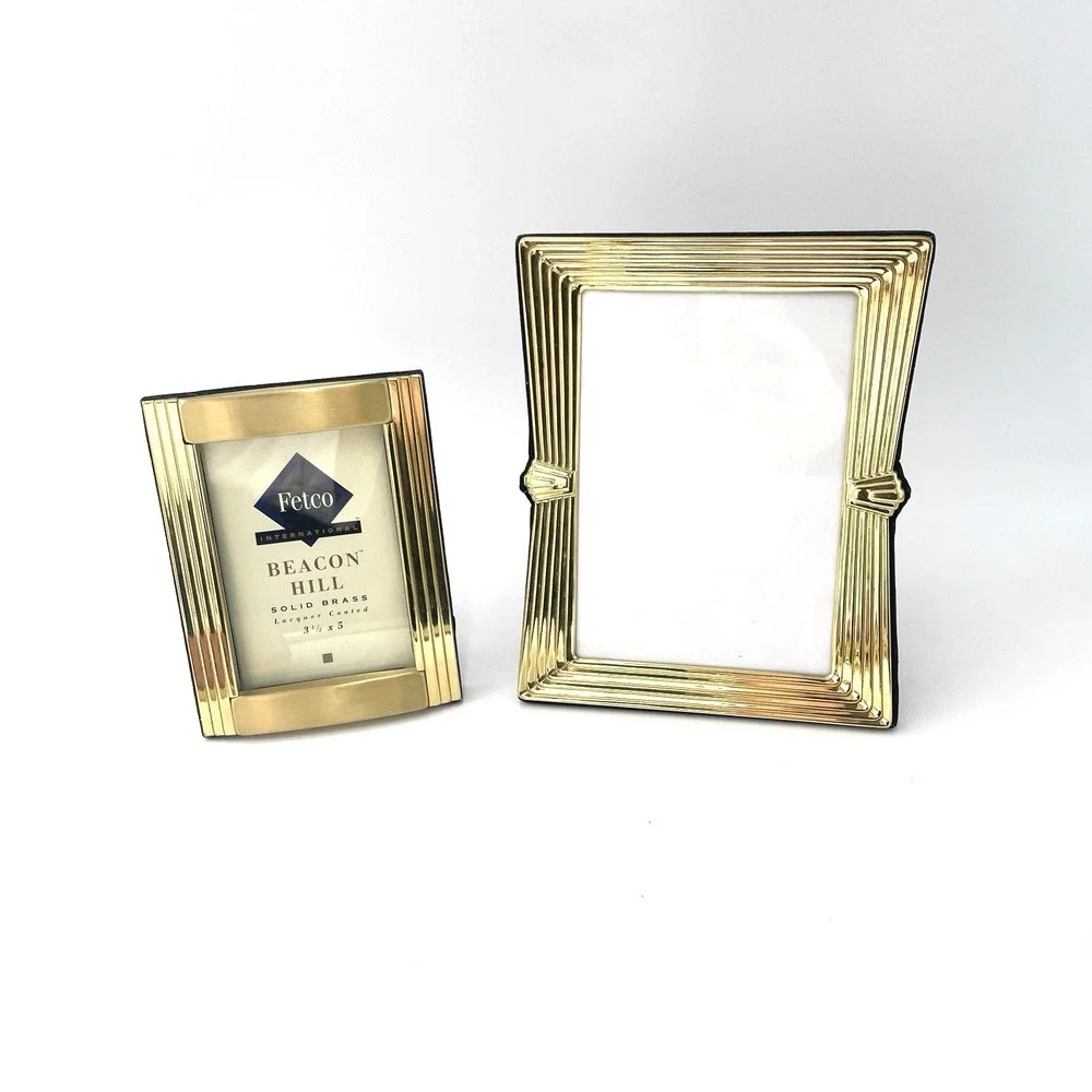 2 Solid Brass Picture Frames Tabletop‎ Stepped Ribbed Art Deco Inspired